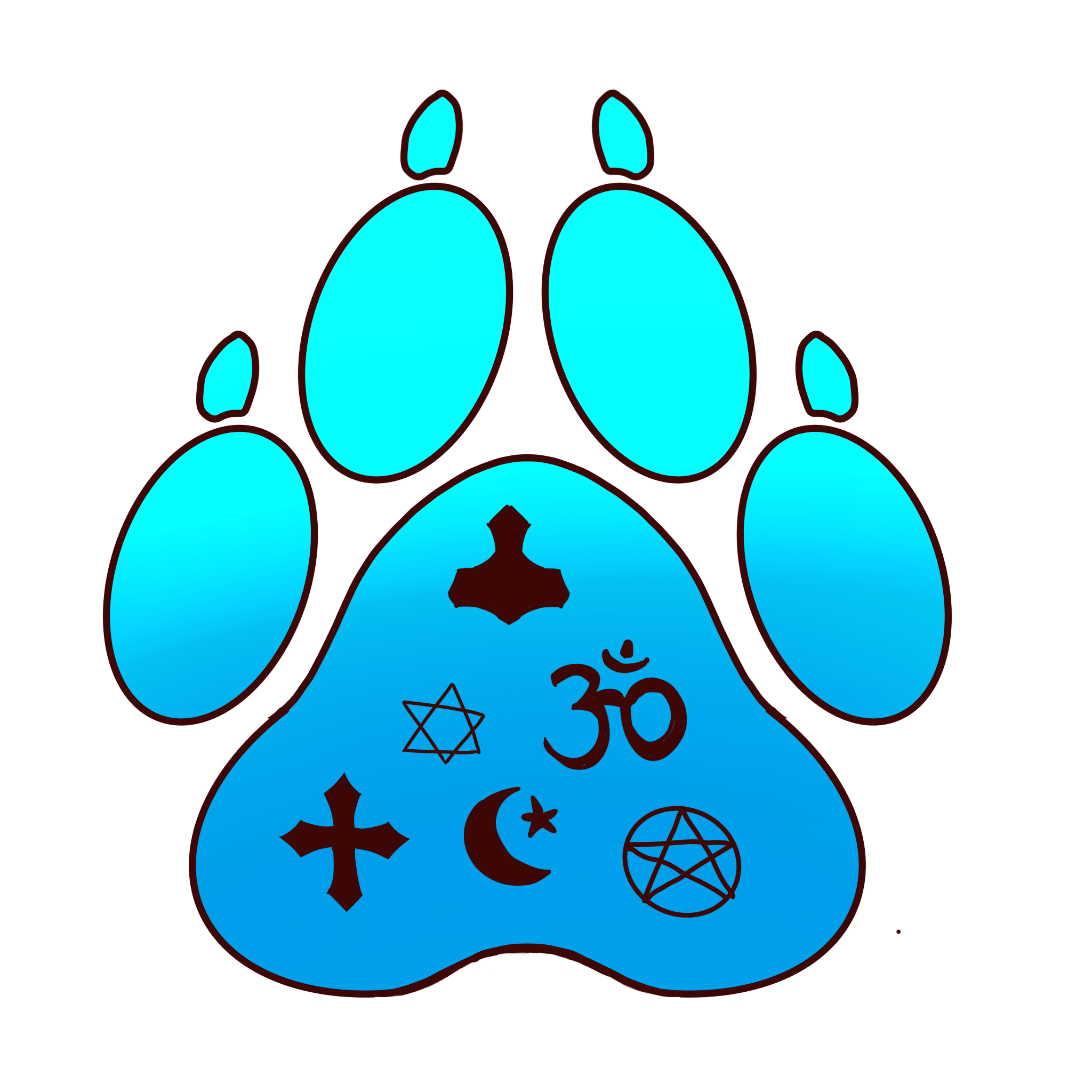 cyan paw with a cross, star of david, mjolnir, ohm, wiccan pentagram and crescent and star